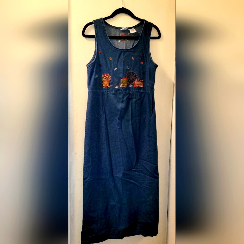 Vintage 90s Bobbie Brooks Embroidered Apples & Leaves Denim Teachers Dress S